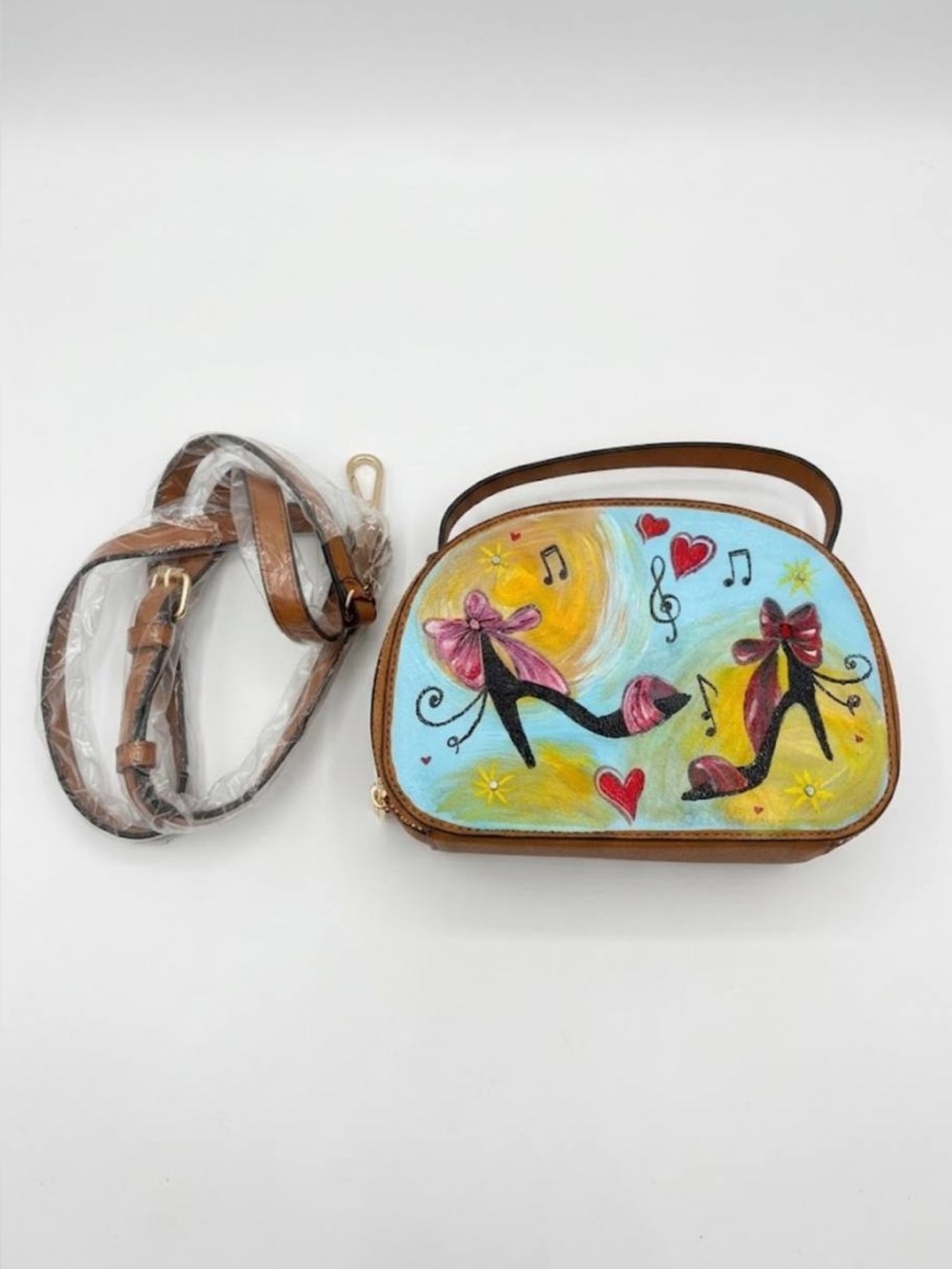 Hand-Painted Brown Crossbody Bag with Pink Accents